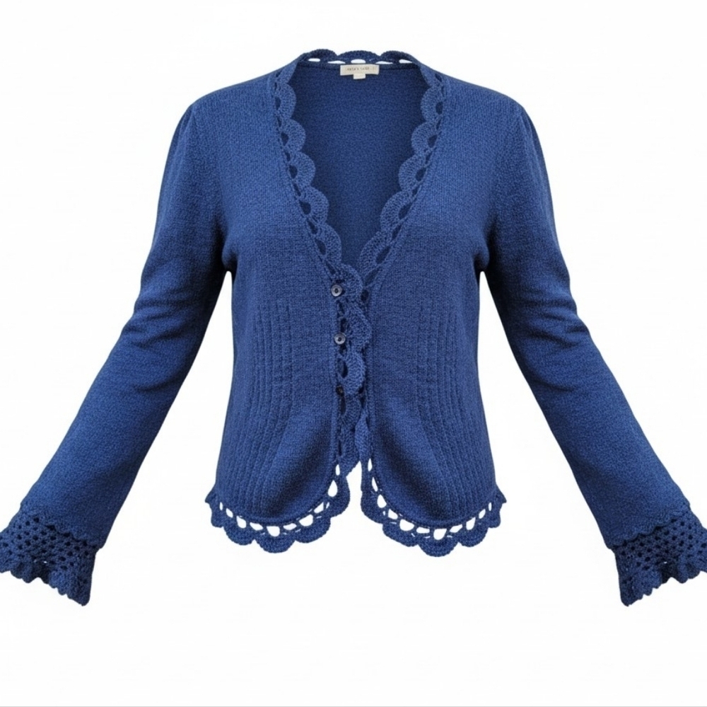 VTG Blue Nanette Lepore Cashmere Cardigan Crochet Lace Trim - S
